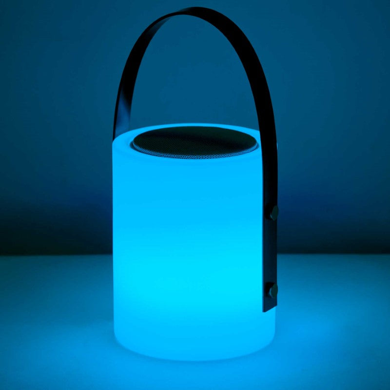 Elegant Twilight Speaker Lamp with RGB lighting, 10W speaker, Bluetooth, water-resistant design, and portable rechargeable battery.