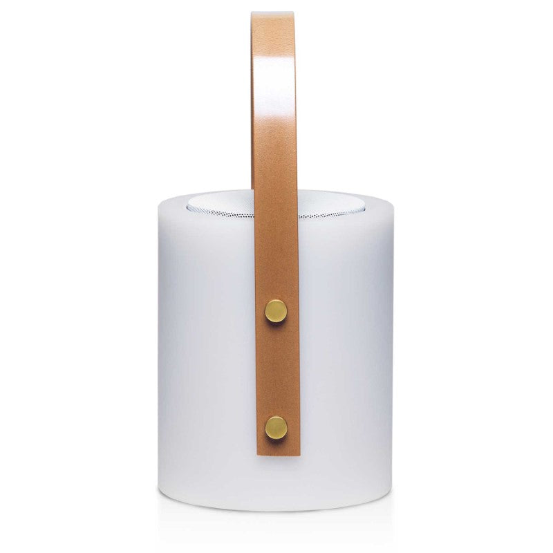 Elegant Twilight Speaker Lamp with RGB LED lights, 10W speaker, Bluetooth, and water-resistant design for indoor/outdoor use.