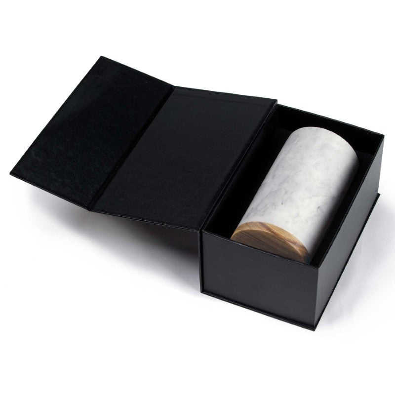 Elegant Vino Marble Cooler with unique grey veining in white marble, featuring an Acacia wood base for wine temperature preservation.