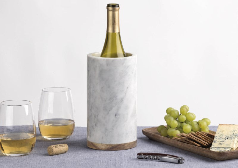 Vino Marble Cooler with unique grey veining and Acacia wood base, elegantly preserving wine temperature for stylish entertaining.