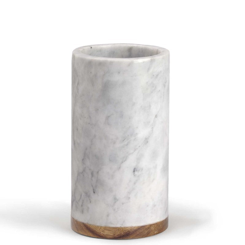 Elegant Vino Marble Cooler in cool white marble with unique grey veining and Acacia wood base, perfect for chilling wine.