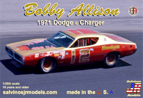 Detailed 1/25 scale model kit of the 1971 Dodge Charger, replicating Bobby Allison's iconic NASCAR race car.
