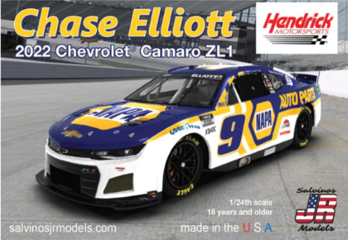 Detailed 1/25 scale plastic model kit of 2023 Chase Elliott Chevy Camaro for car enthusiasts and collectors.