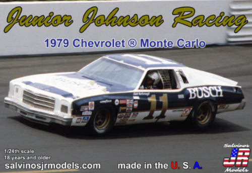 Detailed 1/25 scale model kit of the J. Johnson Chevy Monte Carlo, celebrating the iconic 1979 Junior Johnson Racing car.