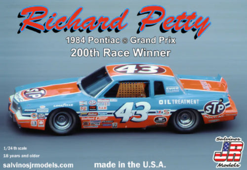 Detailed 1/24 scale model kit of Richard Petty's 1984 Pontiac Grand Prix, perfect for collectors and NASCAR fans.