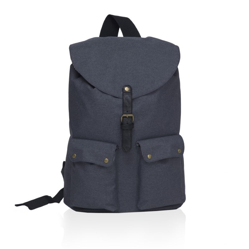 Stylish smpli Stomp Backpack in durable polyester with laptop compartment, magnetic pockets, and adjustable straps for comfort.
