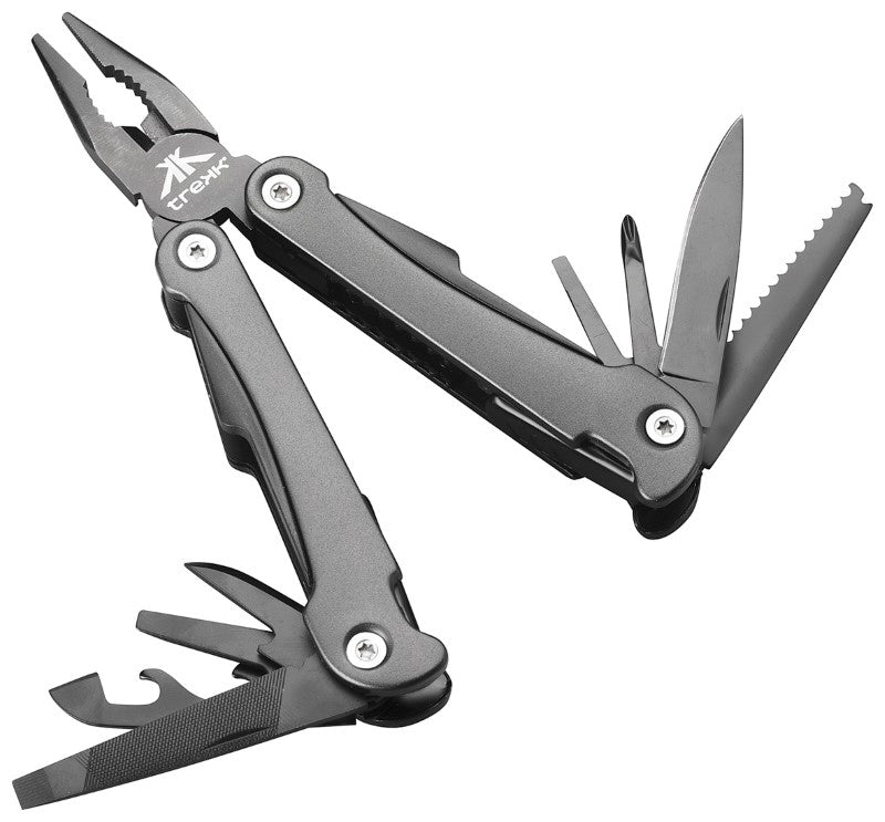 Versatile Trekk Multi-tool in silver with 13 functions, including pliers, screwdrivers, and knife, in a sleek pouch and gift box.