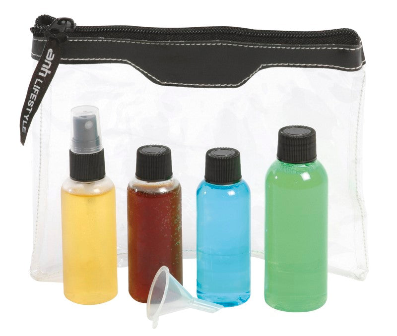 Clear PVC toiletry bag set with 2x 50ml bottles, 90ml bottle, vaporiser, and funnel for hassle-free travel.