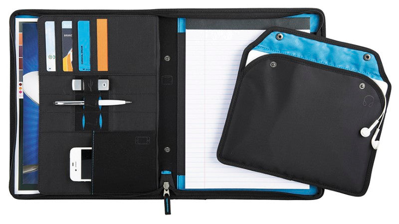 Compendium Zoom 2-In-1 Tech Sleeve Padfolio in sleek nylon with removable sleeve, document pocket, and organized storage features.