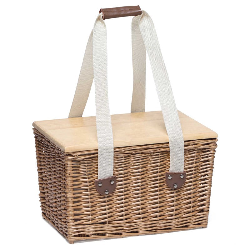 Wicker willow picnic basket with insulated cooler, removable pine lid, and leather-wrapped handles, perfect for outdoor dining.