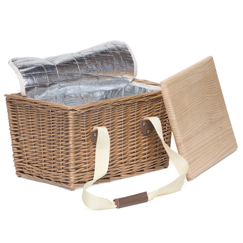 Stylish Devon Cooler Picnic Basket made of Wicker Willow, with insulated compartment and removable lid serving as a board.