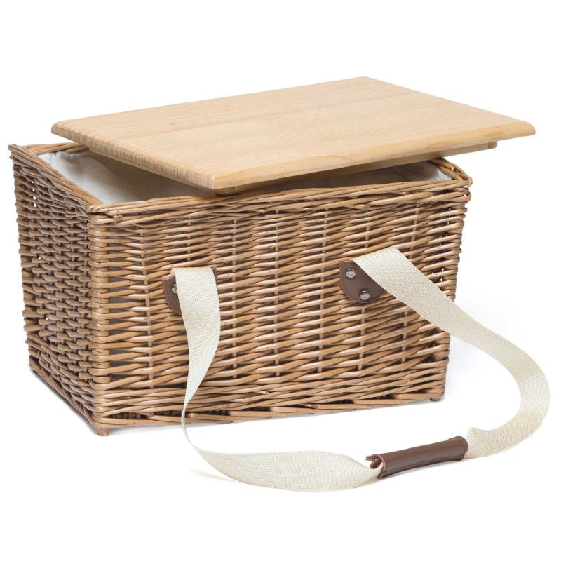 Devon Cooler Picnic Basket made of Wicker Willow, featuring a removable lid that serves as a cutting board and insulated cooler compartment.