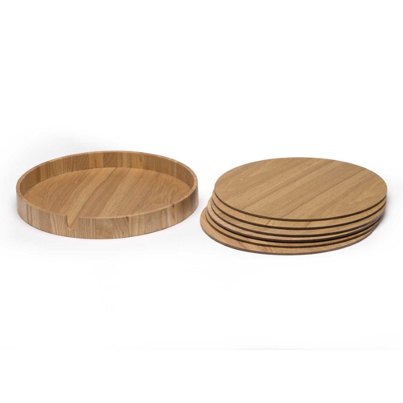 Elegant Epicure 6 pcs placemat set featuring unique oak veneer designs and a versatile serving tray base, ideal for stylish dining.