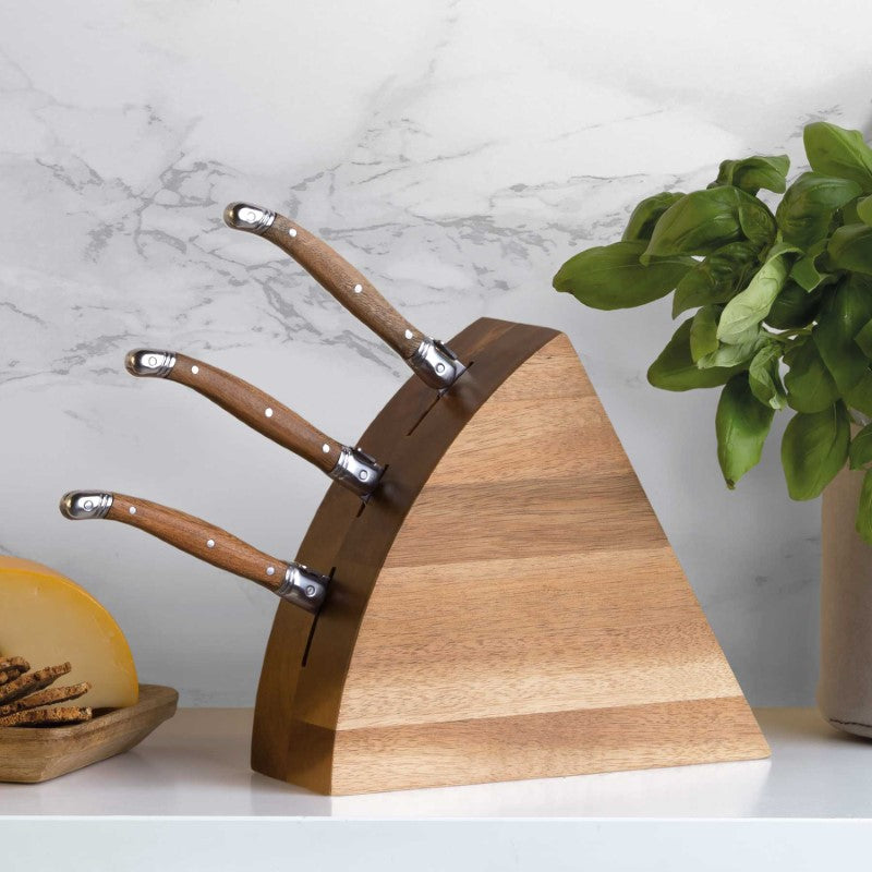 Wedge Cheese Knife Block Set featuring 4 stainless steel knives and an Acacia wood block, perfect for serving cheese elegantly.