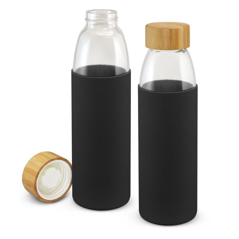 Set of 5 elegant 500ml Solstice Black glass bottles with bamboo lids and silicone sleeves for durable, eco-friendly hydration.