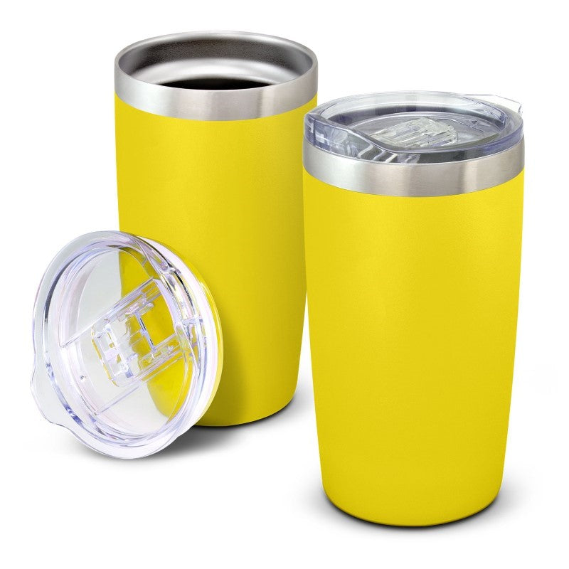 Bright yellow 600ml vacuum insulated stainless steel cup with a sliding lid, perfect for hot or cold drinks on the go.