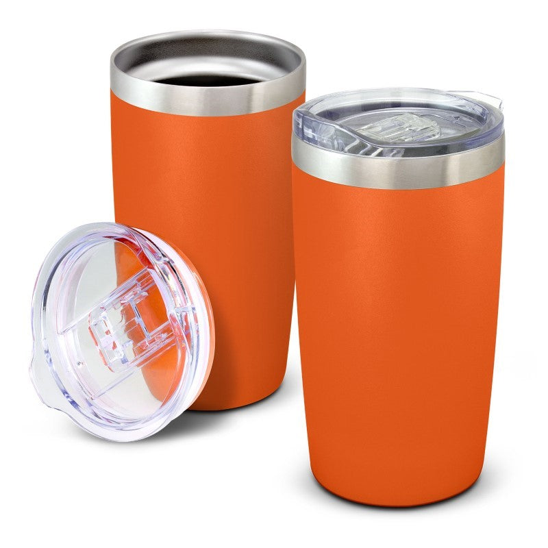 Vibrant orange Prodigy 600ml vacuum cup with double-walled stainless steel, slider lid, and BPA-free for safe hydration.