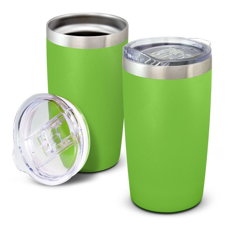 Bright green 600ml vacuum insulated stainless steel cup with a sliding lid for hot or cold drinks, presented in a black gift box.