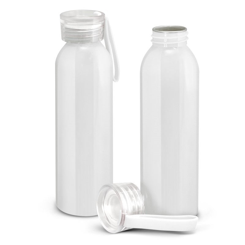 Set of 10 lightweight gloss white 600ml aluminum Hydro Bottles with screw-on lids and silicone handles for easy transport.