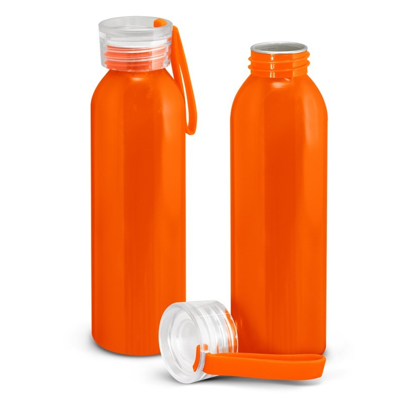 Set of 10 vibrant orange 600ml aluminum water bottles with silicone handles, perfect for eco-friendly hydration.