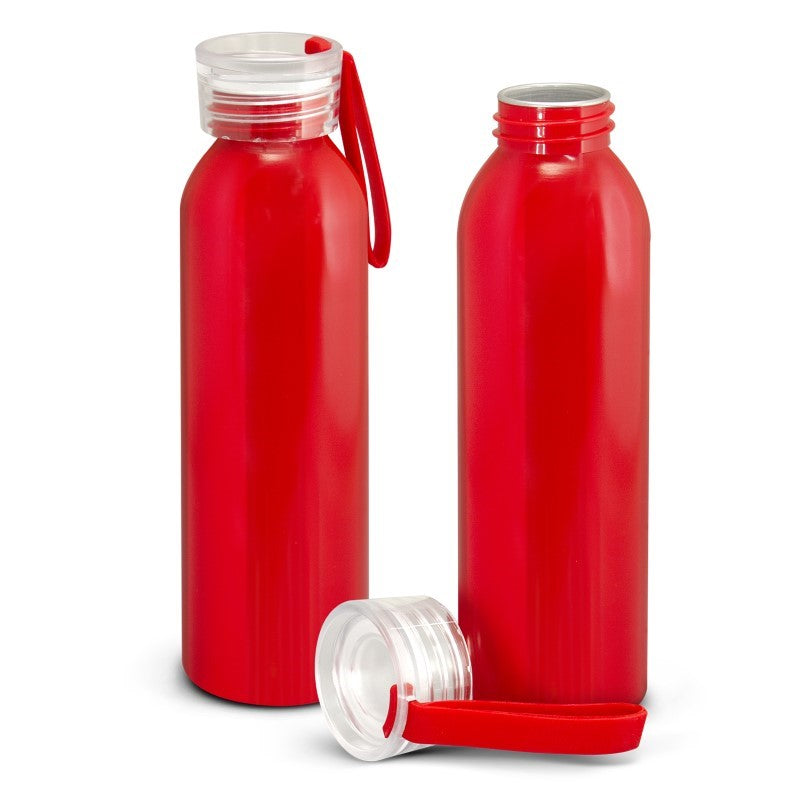 Set of 10 lightweight red aluminium Hydro Bottles with secure lids and silicone handles, perfect for hydration on the go.