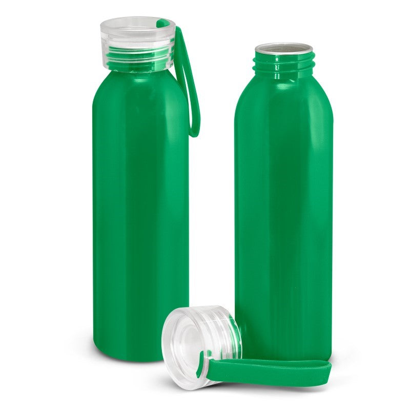 Set of 10 dark green lightweight aluminum Hydro Bottles with secure lids and silicone handles for hydration on-the-go.