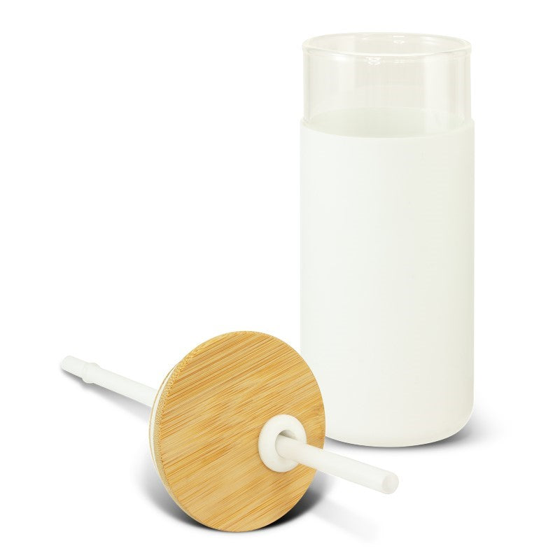 Set of 5 Alchemy White glass tumblers with bamboo lids, silicone straws, and non-slip sleeves for stylish, spill-free drinks.