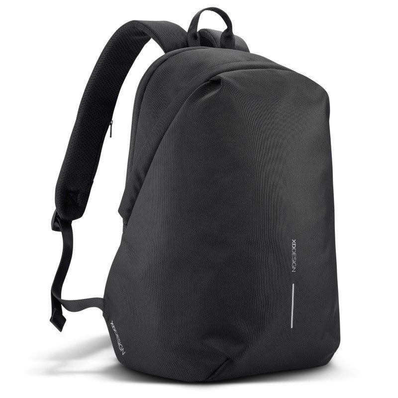 Soft black Bobby 24L backpack with anti-theft design, padded laptop sleeve, and eco-friendly RPET materials.