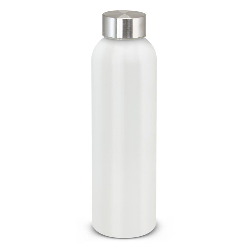 Set of 10 sleek white aluminium bottles, 600ml each, BPA-free with secure stainless-steel lids for stylish hydration on-the-go.