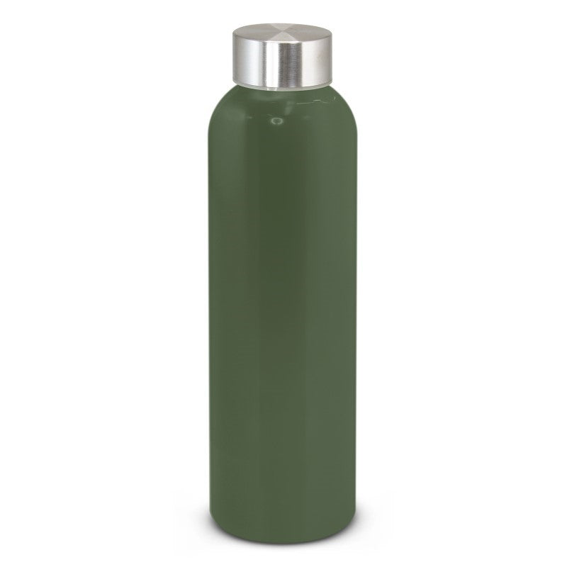 Set of 10 stylish 600ml olive aluminium bottles with secure lids, perfect for eco-friendly hydration and outdoor activities.