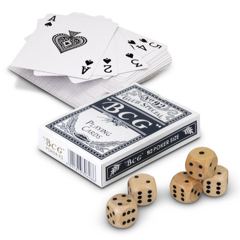 Premium card game set with 10 decks of durable cards and 5 versatile dice, perfect for entertaining gatherings.