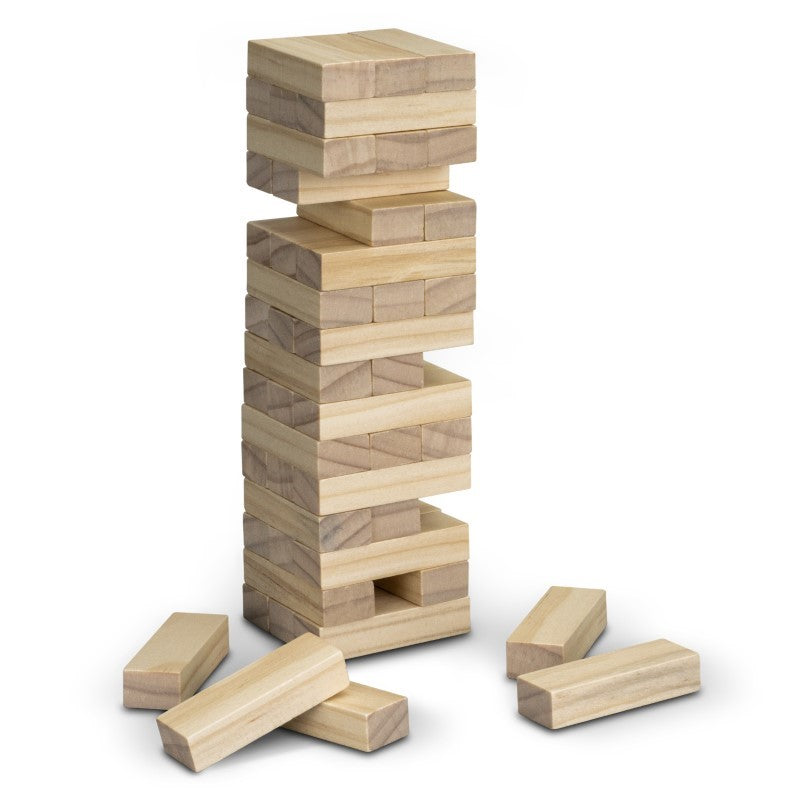 Mini Tumbling Tower game featuring 48 wooden blocks in a stylish drawstring bag for fun, skill-building entertainment.