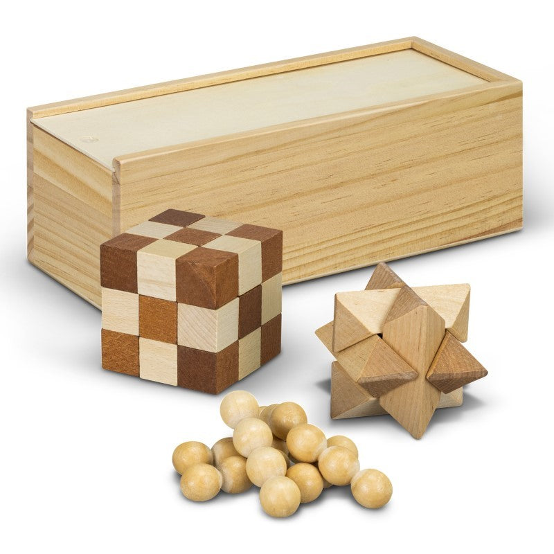 Wooden Brain Teaser Set in a gift box, featuring three puzzles to enhance cognitive skills and problem-solving.