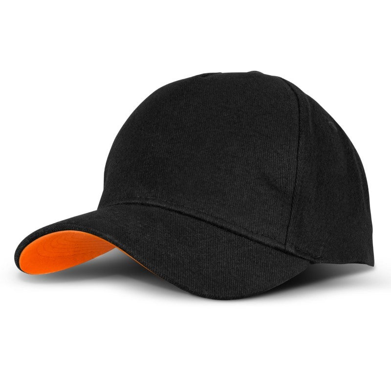 Set of 10 black/orange structured caps with curved peaks, breathable eyelets, and adjustable Velcro closures for all-day comfort.