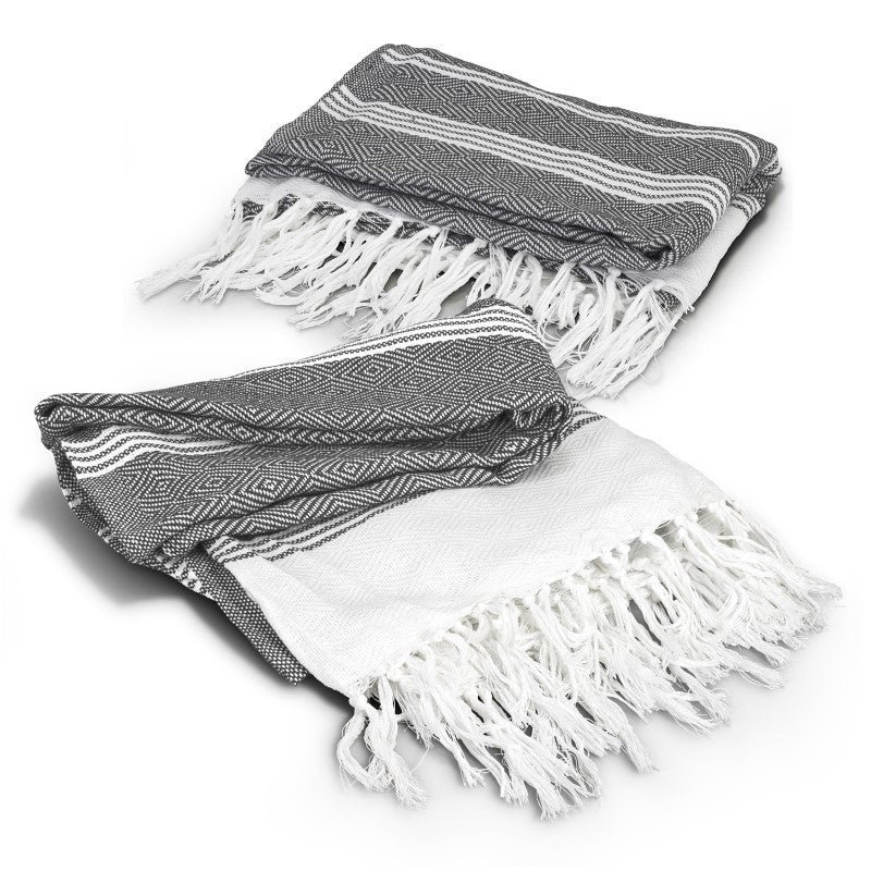 Charcoal Ohau Throw Blanket with textured pattern, fringed trim, and made from 50% recycled cotton, 500 GSM for warmth.