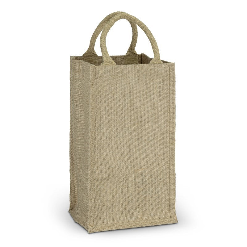 Four Bottle Wine Carrier made of durable natural jute, featuring padded handles and structured insert for safe transport.