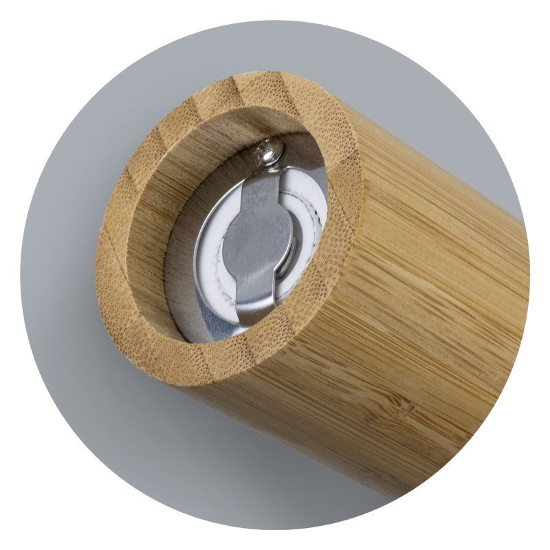 Natural bamboo pepper mill standing 20cm tall with adjustable grind settings for perfect seasoning in any dish.