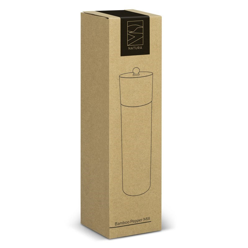 Natural bamboo pepper mill, 20cm tall, with stainless steel and ceramic grinding mechanism; adjustable coarseness for fresh seasoning.