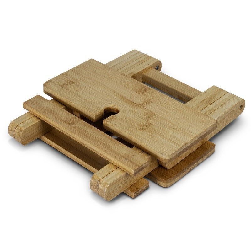 NATURA Bamboo Folding Wine Table with space for two glasses, perfect for outdoor picnics and gatherings, featuring collapsible legs.