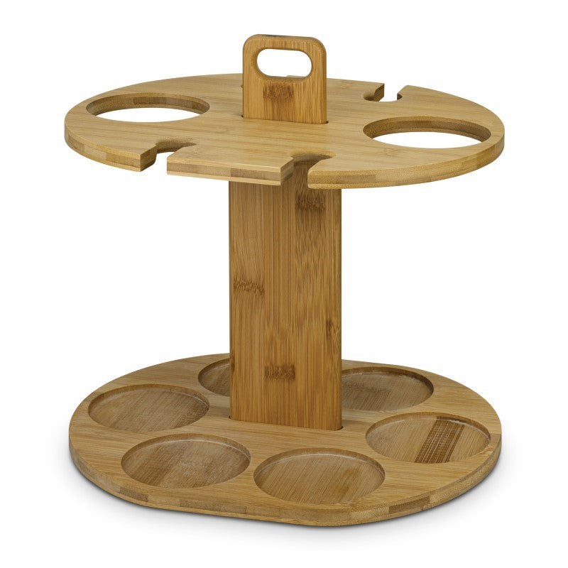 Natural bamboo wine rack holding two bottles and four glasses, perfect for elegant wine storage and entertaining in small spaces.