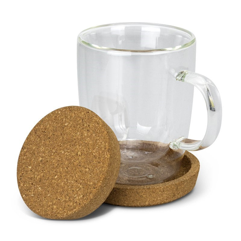 Elegant 350ml double-wall borosilicate glass coffee cup with a natural cork lid, perfect for eco-friendly coffee enjoyment.