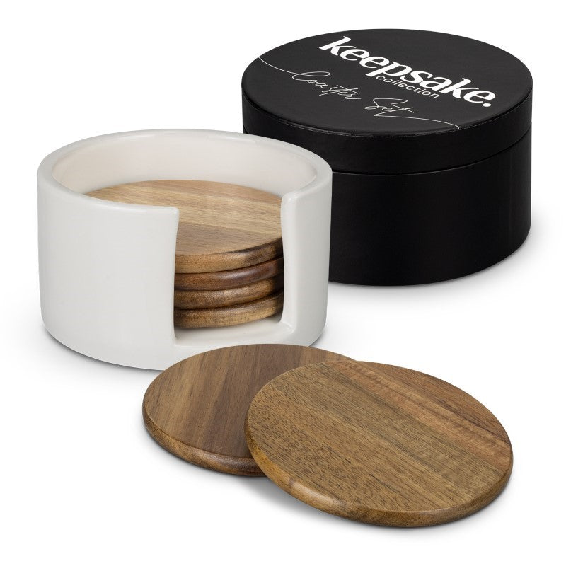 Circular Acacia wood coasters in a sleek gift box, showcasing unique grain patterns for stylish surface protection.
