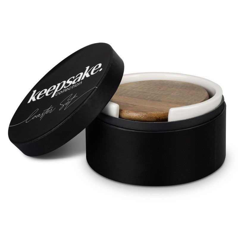 Natural Acacia wood coaster set featuring six unique circular coasters and a ceramic holder, elegantly packaged in a black gift box.