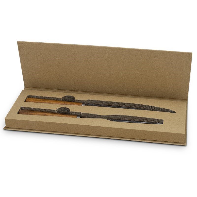 Elegant Carving Set with Acacia wooden handles and stainless steel blades, presented in a natural gift box for special occasions.