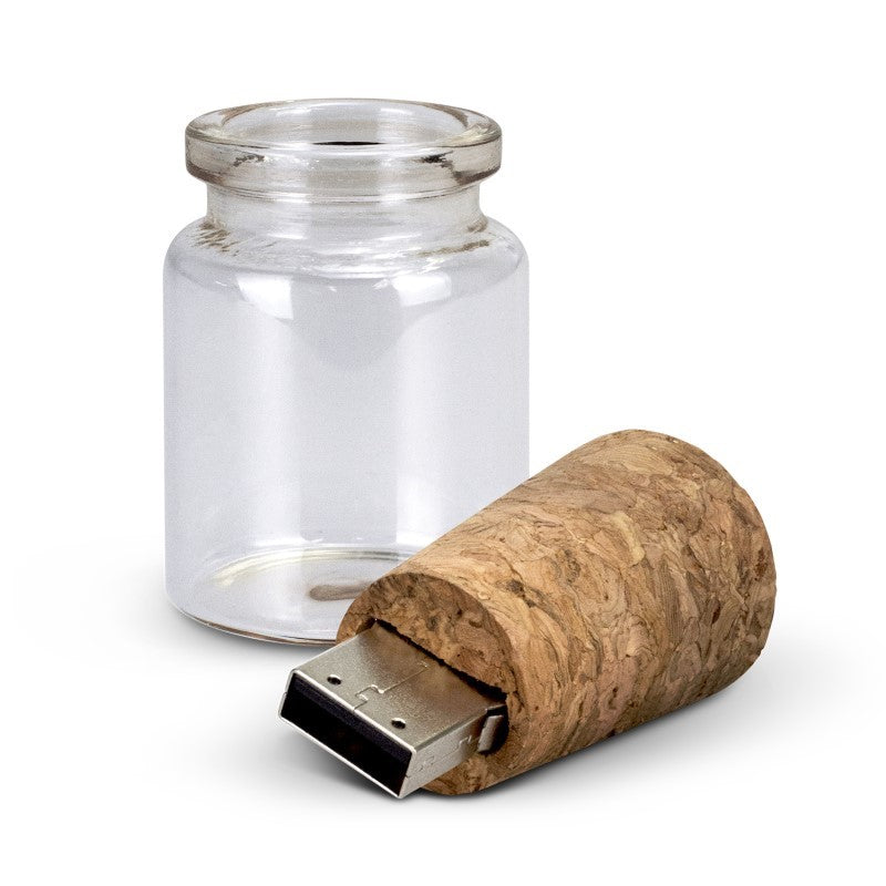 Unique 8GB flash drive designed as a bottle with cork lid, offering stylish storage and eco-friendly materials.