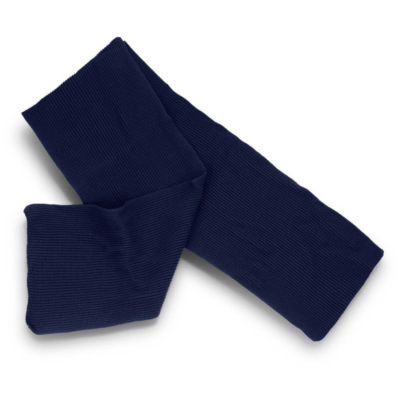 Navy cable knit scarf made from soft acrylic, featuring a 2x2 rib style for winter warmth and versatile fashion.