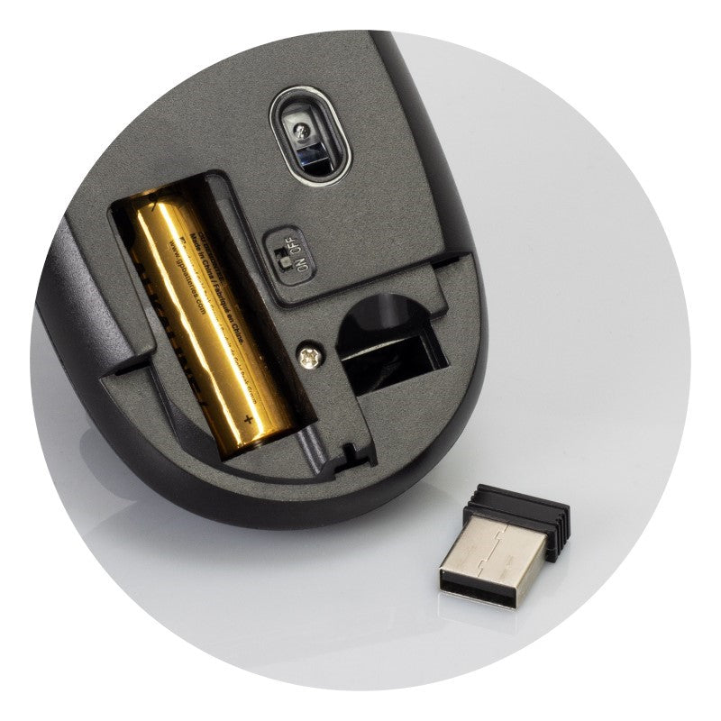 Compact black wireless travel mouse with 2.4 GHz connection, DPI switch, and ergonomic design for effortless on-the-go productivity.