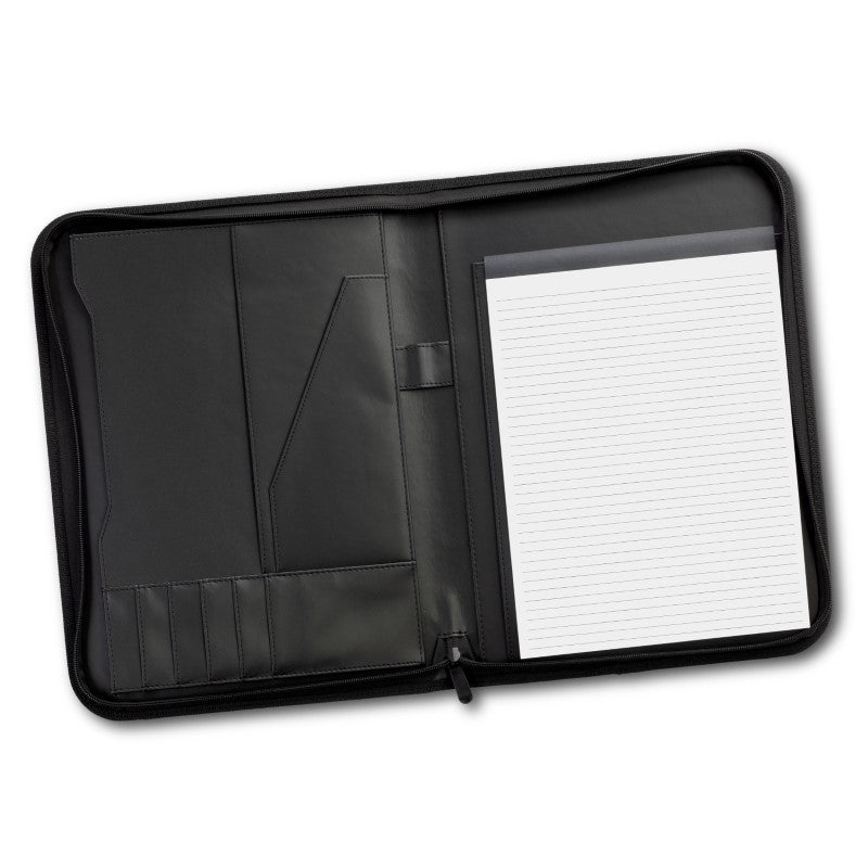 A4 Travel Portfolio - Carlow in black, featuring a zipped closure, multiple pockets, and foldable handles for easy travel organization.