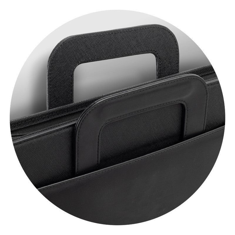 A4 Travel Portfolio - Carlow in black with foldaway handles, multiple pockets, zipped closure, and included notepad for organization.