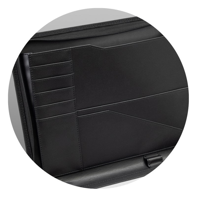 A4 Travel Portfolio - Carlow in black, featuring zipped closure, multiple pockets, and foldaway handles for easy carrying.